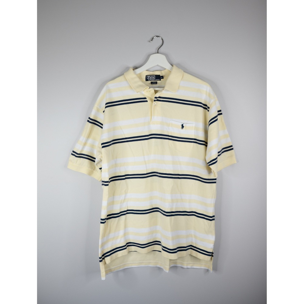 Polo Ralph Lauren Polo Shirt Mens XL Yellow Navy pony Stripe Pocket Short Sleeve